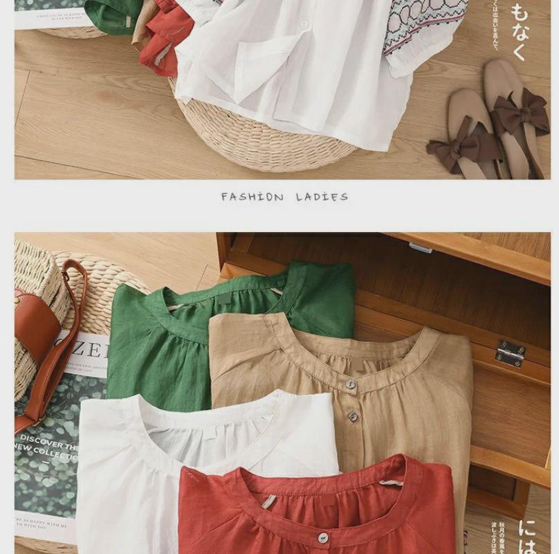 Женская рубашка в стиле ретро из хлопка и льна с вышитыми рукавами-фонариками (Весна/Лето 2024)