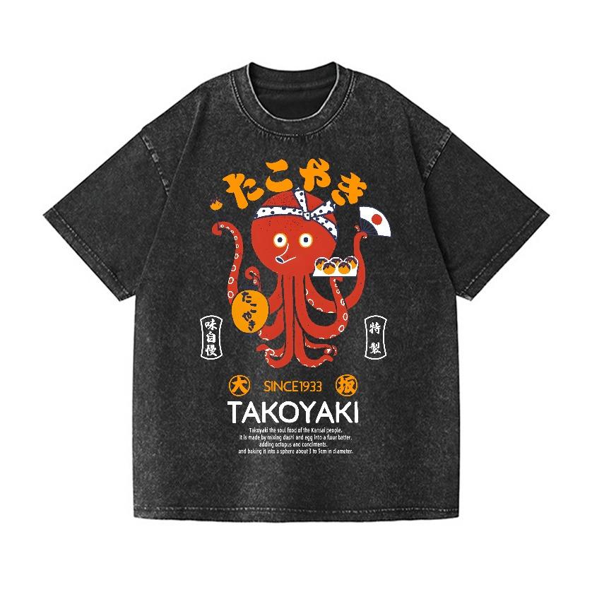 Мужская футболка Takoyaki Винтажная стирка Японский дизайн Смешная с принтом Октября Короткий рукав Круглый вырез Летняя Тяжелая футболка