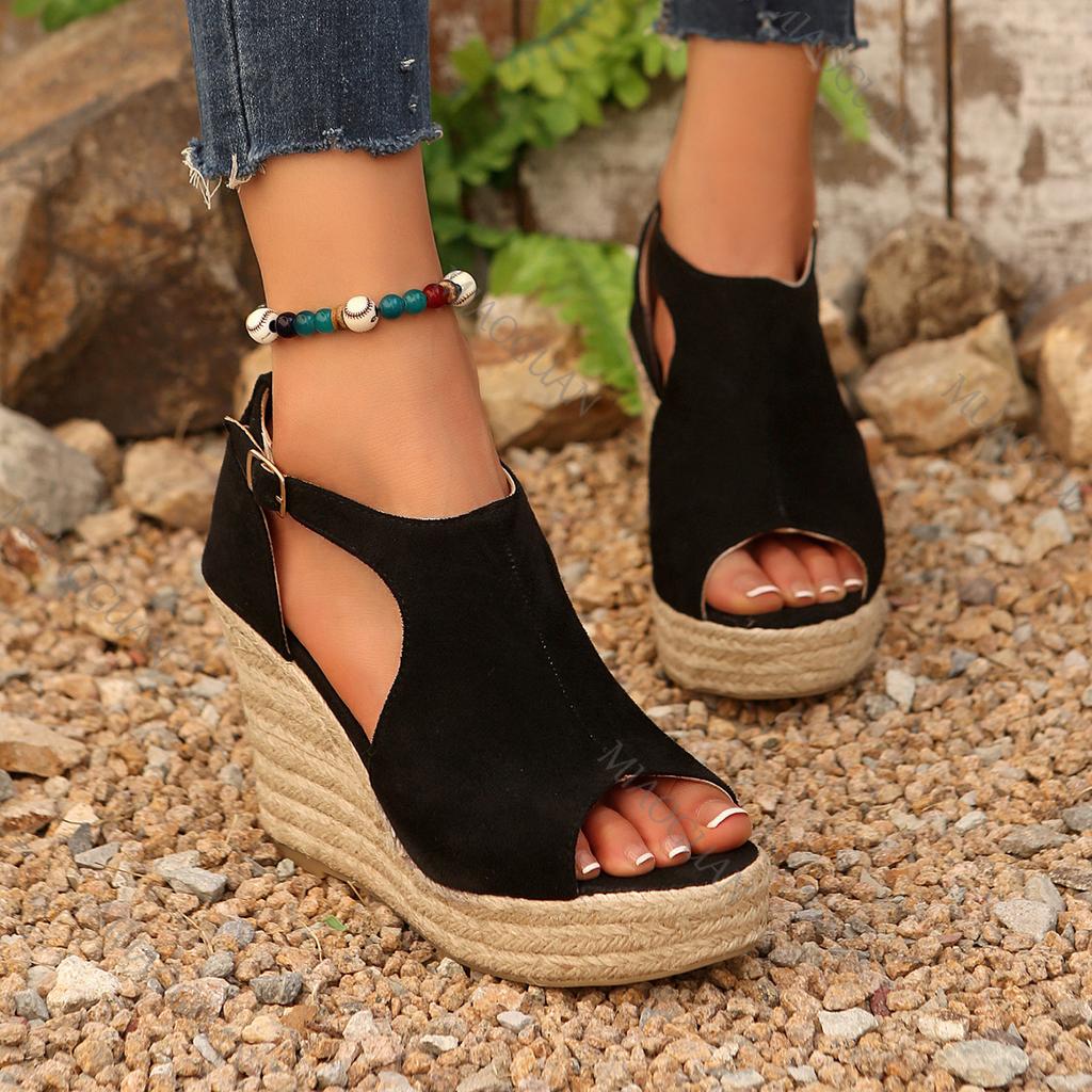 Fashion 2025 Thick Bottom Slope Heel Sandals for Women Large Size Black Fish Mouth Casual Gladiator Height Increasing Sandales Shoes