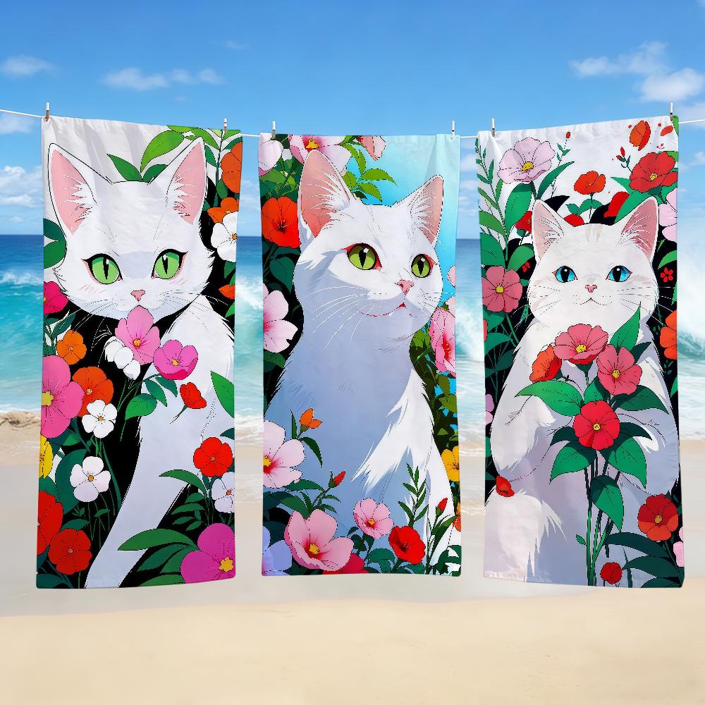 Towel Textile Flowers Bathrobe Beach Cat Surrounded Quick-Drying Adorable Lightweight Portable White Camping Swim Pool Travel