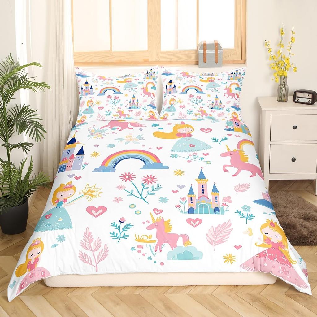 Lovely Rainbow Duvet Cover Sun Crown Cloud Rain Bedding Set Stick Figure Art Comforter Cover Kids Bedroom Polyester Quilt Cover