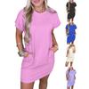 Женское платье-футболка с коротким рукавом, повседневное короткое платье с круглым вырезом и карманами, летнее мини-платье-футболка