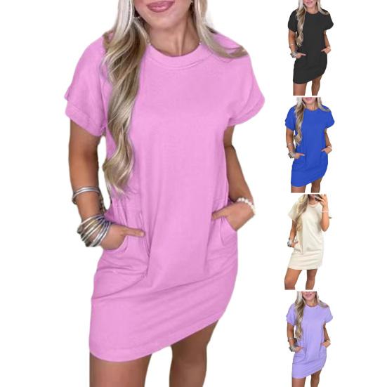 Женское платье-футболка с коротким рукавом, повседневное короткое платье с круглым вырезом и карманами, летнее мини-платье-футболка