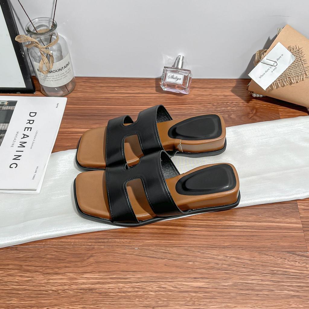 Summer new thick-bottomed cool slippers for women, high-end Korean version of temperament double-row one-word with temperament slippers for women