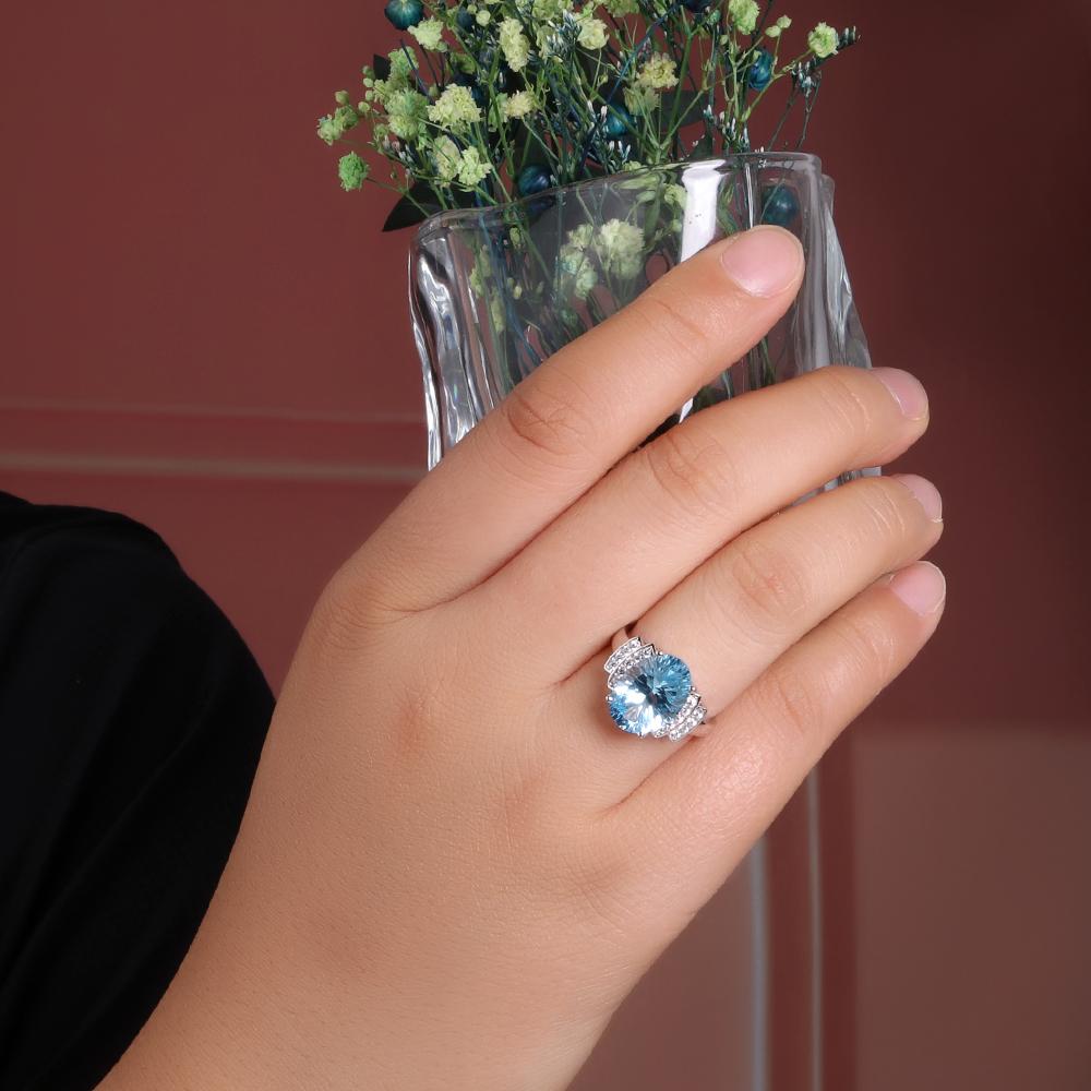Кольцо с натуральным небесно-голубым топазом 8,50 карат, овальный драгоценный камень 10*14 мм, стерлинговое серебро 925 пробы, классический дизайн, изысканное ювелирное изделие для женского юбилея