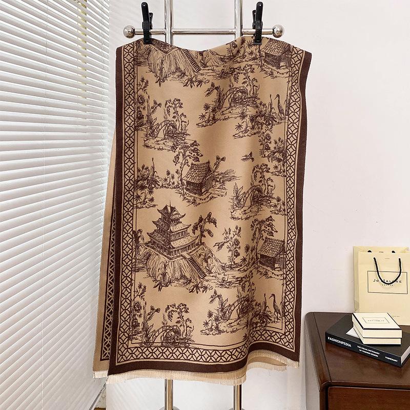 Antique Winter Warm Fashion Advanced Sense Age-Reducing Scarf Literary And Retro Double-Sided Shawl Cape Versatile Scarf Women