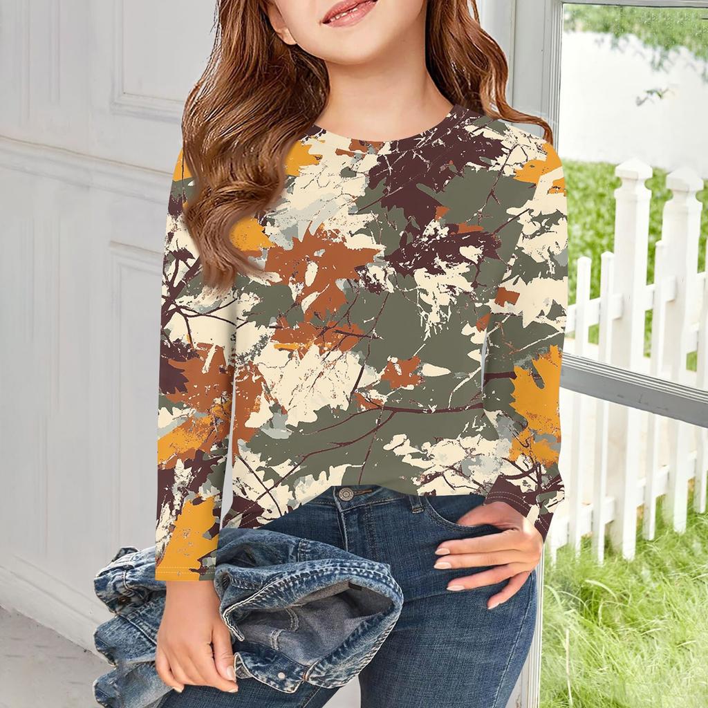 Футболки с длинным рукавом для девочек, детские осенние топы с круглым вырезом и принтом, базовые футболки для детей 5–14 лет