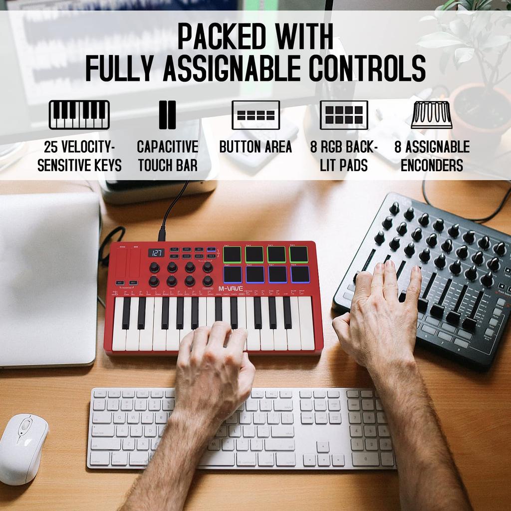SMK-25 Key MIDI Controller W/8 RGB Pads/8 Assignable 360°knobs/Bluetooth 5.0/USB-B Type Interface/2000mAh Battery Powered