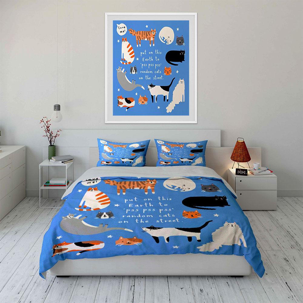 Cats and Stars Blue Print Bedding Duvet Cover Set Duvet Cover Pillowcases (1*Duvet Cover 2*Pillowcases, without duvet insert)