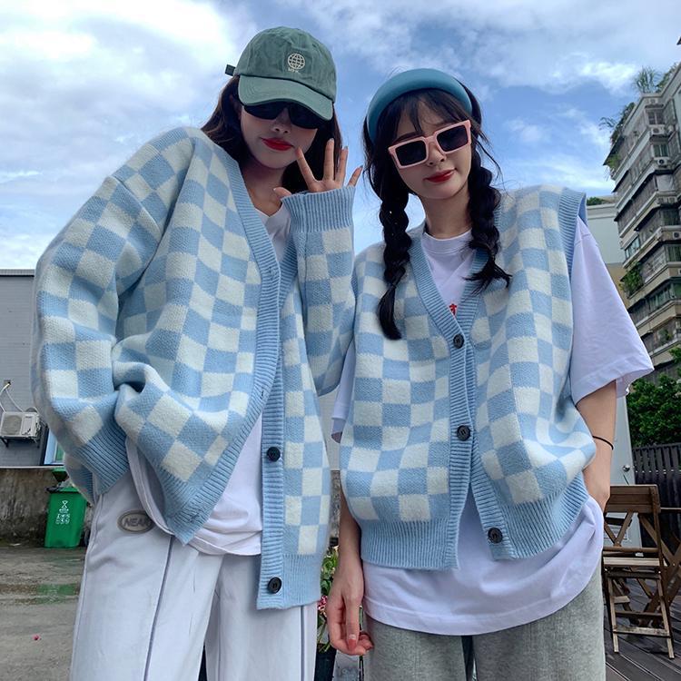 Корейский стиль, клетчатый кардиган большого размера, свитер, женский винтажный вязаный жакет в клетку, модный джемпер с длинными рукавами, женский