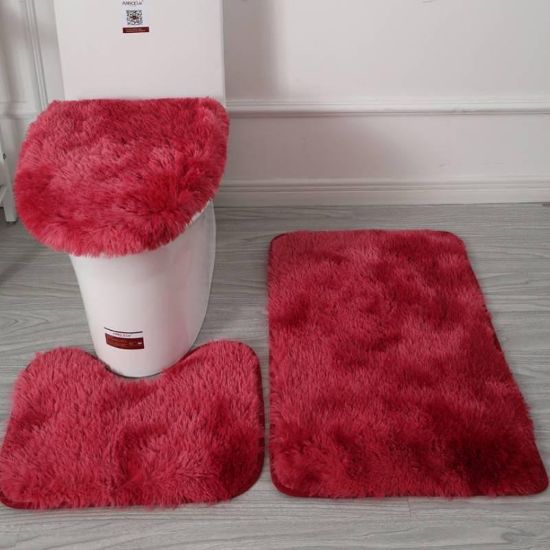 Non Dye Tie Slip Mat Fluffy Plush Bathroom Toilet Seat Cover Carpet 3 Set Piece