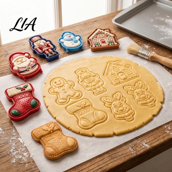 Festive Pastry Stampers Christmas Cookie Cutter, Push Type Integrated Baking Mold, Plastic DIY Clay Craft Tools Decorating Tool for Holiday
