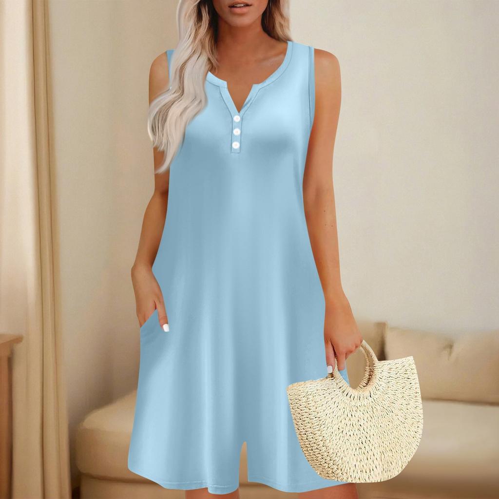 Women's Fashionable And Casual Sleeveless Button-pocket One-piece Shorts