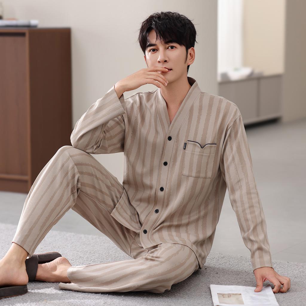 Pajamas Men'S Pure Cotton Spring And Autumn Long-Sleeved Trousers Cardigan Men'S Large-Size Casual Loungewear Set
