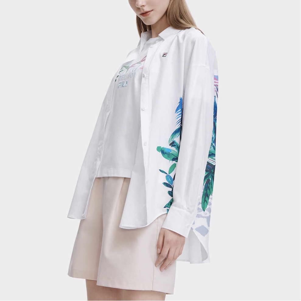 Fila Рубашка поло с длинным рукавом, женская, повседневная, свободного кроя, тканая, с принтом растений, модная, белая, F11W328401FWT