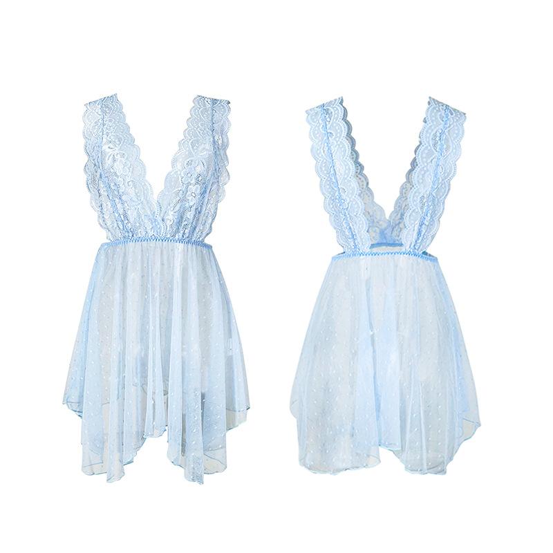 Многоцветная кружевная ночная рубашка с глубоким V-образным вырезом, прозрачная сетчатая спинка, в горошек, сексуальная пижама 155, игривая соблазнительная одежда для сна с классическим шармом в горошек