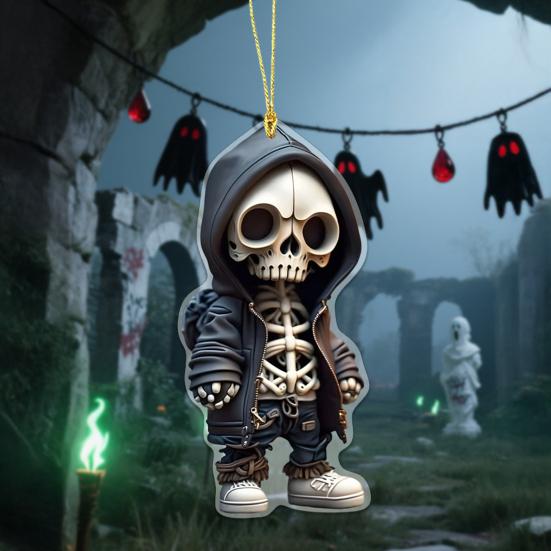 Halloween Car Ornament Cool Skeleton Acrylic Car Rearview Mirror Charm 2D Flat Skull Hanging Pendant for Car Interior Backpack Accessory