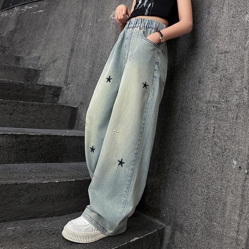 Весенне-осенние джинсы для девочек с вышивкой в виде пятиконечной звезды, свободные брюки для девочек-подростков 3-12 лет, стильные джинсовые брюки с широкими штанинами