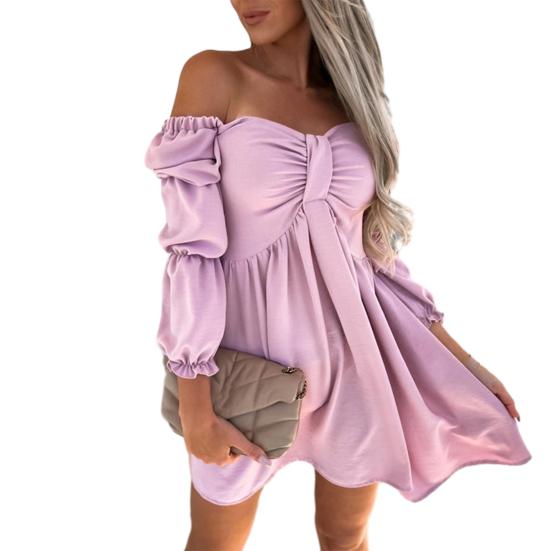 Women Mini Dress Off Shoulder Loose Hem High Waist Bubble Sleeves A-line Solid Color Soft Pleated Lady Beach Prom Dress