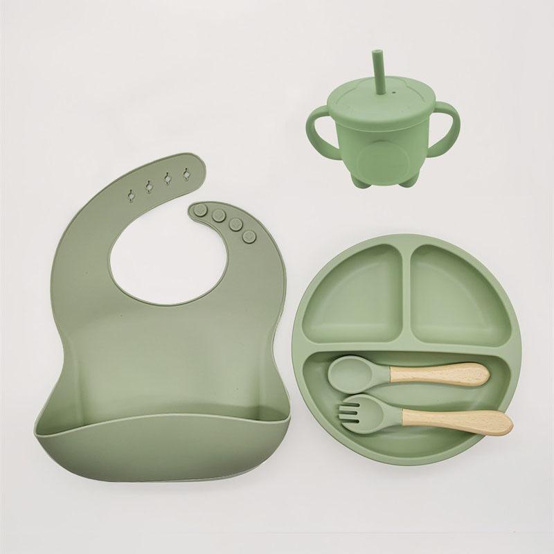 5 шт./компл. набор посуды для кормления детей, мягкая силиконовая миска, тарелка, нагрудники, ложка, вилка, чашка, детская посуда