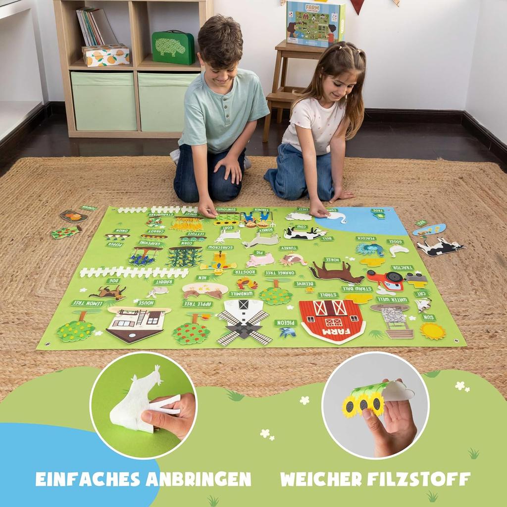 Фетровая доска BONNYCO с 92 фигурками домашних животных. Монтессори-игрушки и подарки на день рождения для детей от 3 до 8 лет. Фермерские обучающие игры