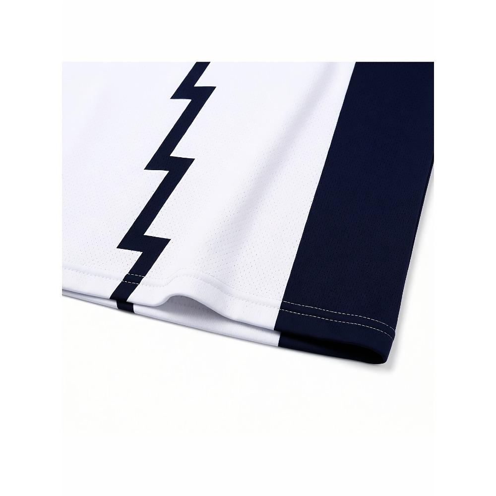 White and navy basketball jersey, lightning design, perfect for sports and gym use