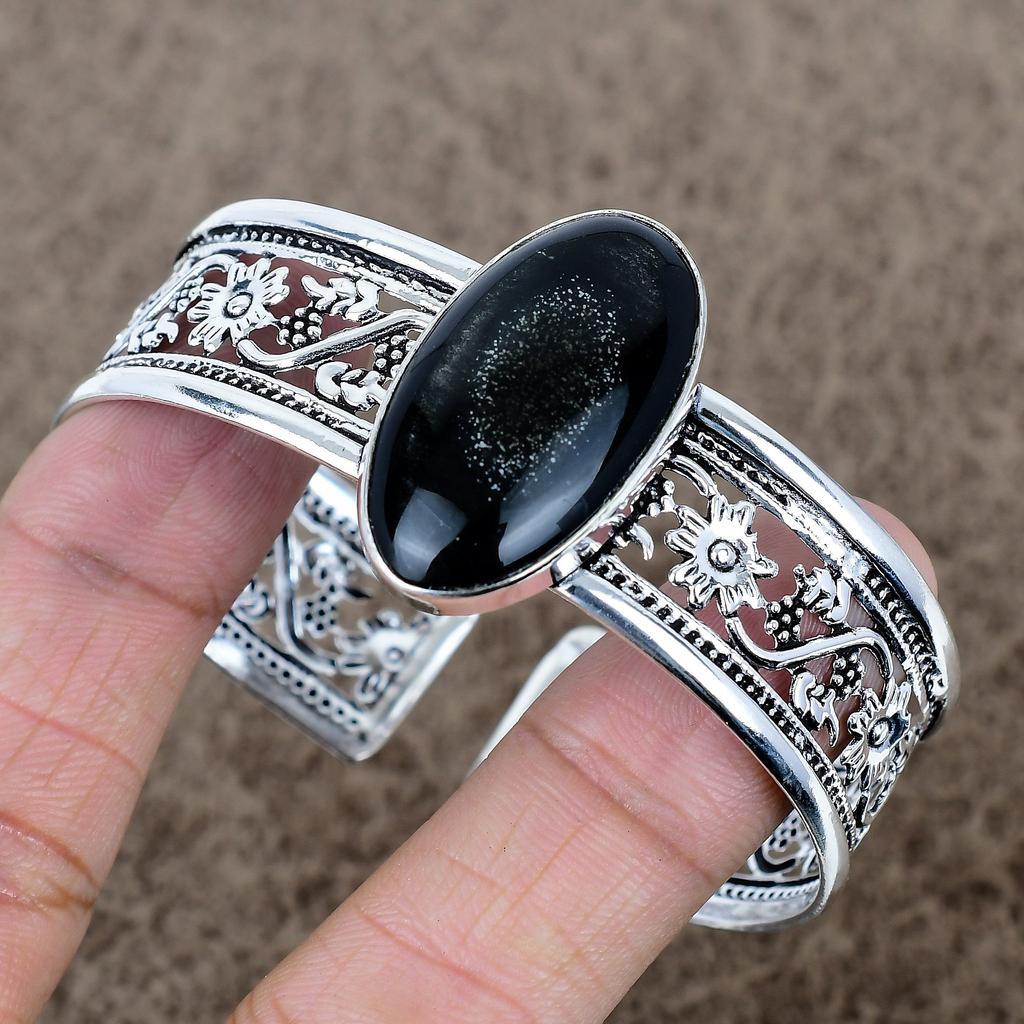 Серебристый обсидиан, драгоценный камень, браслет-манжета из стерлингового серебра 925 пробы, регулируемый KKG-777