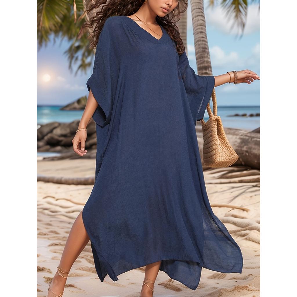 Solid Color Split Cover Up Dress, V Neck Loose Fit Half Sleeves Beach Kaftan, Women's Swimwear & Clothing