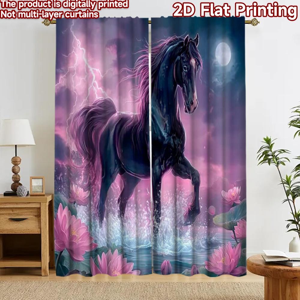 2D flat printing 2pcs Curtain Curtain Moonlit Black Stallion Digital Printed Polyester Drapes Birthday Party for Indoor Outdoor