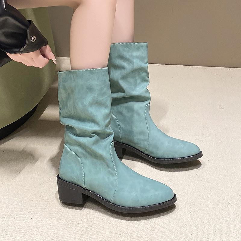 Женские массивные одинарные ботинки 2025 года, осенние новые, с круглым носком, с отворотом, с рукавами-фонариками, с противоскользящей подошвой, удобные, до середины голени