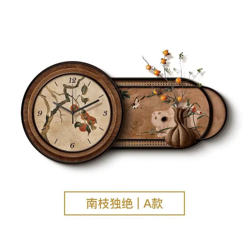 Chinese Retro Home Decor Wall Clock Living Room Decoration Three-dimensional Sandstone Decorative Painting Wall Clock