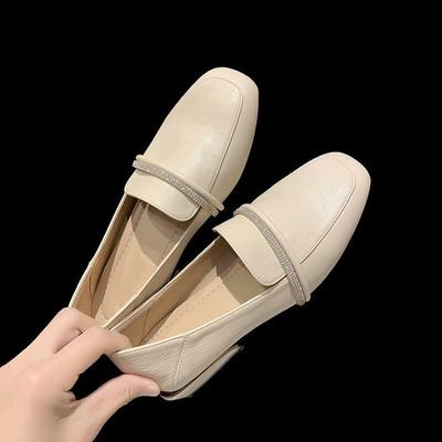 Туфли из натуральной кожи с квадратным носком для женщин весна-осень 2025 года, новая корейская версия со стразами и двумя парами одинарных туфель на толстом каблуке для женщин