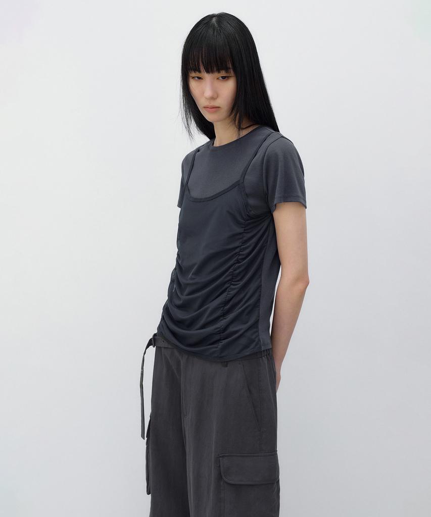 INSILENCE WOMEN Mesh Layered Short Sleeve Charcoal