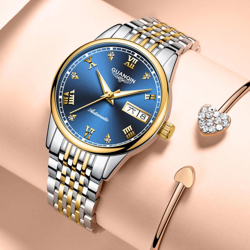 Женские минималистичные водонепроницаемые часы со швейцарскими стразами, двойным календарем, люминесцентным циферблатом и стальным браслетом.