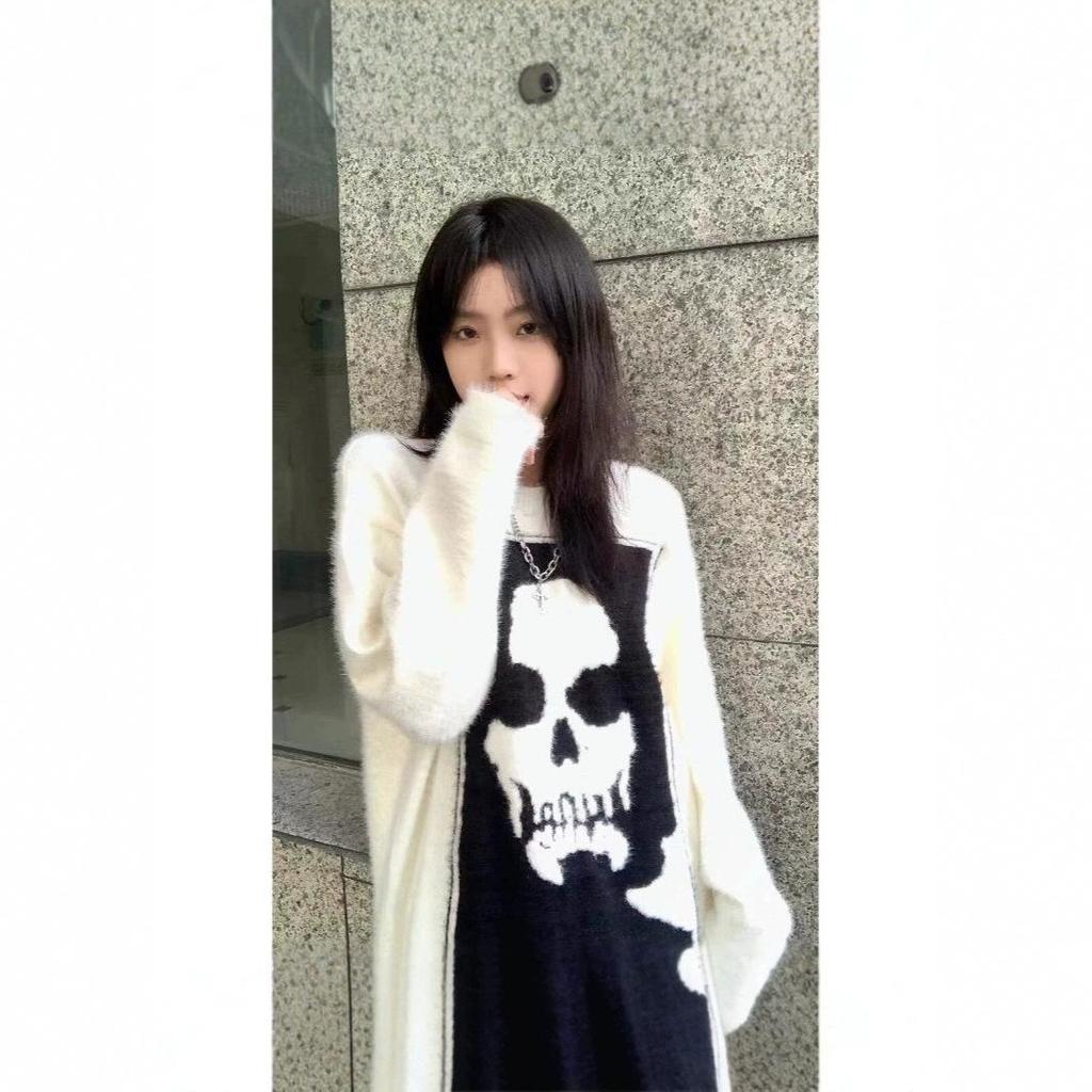 Унисекс Американский Ретро Панк Свитер с Черепом - Толстая Вязка Уличный Стиль для Осени и Зимы