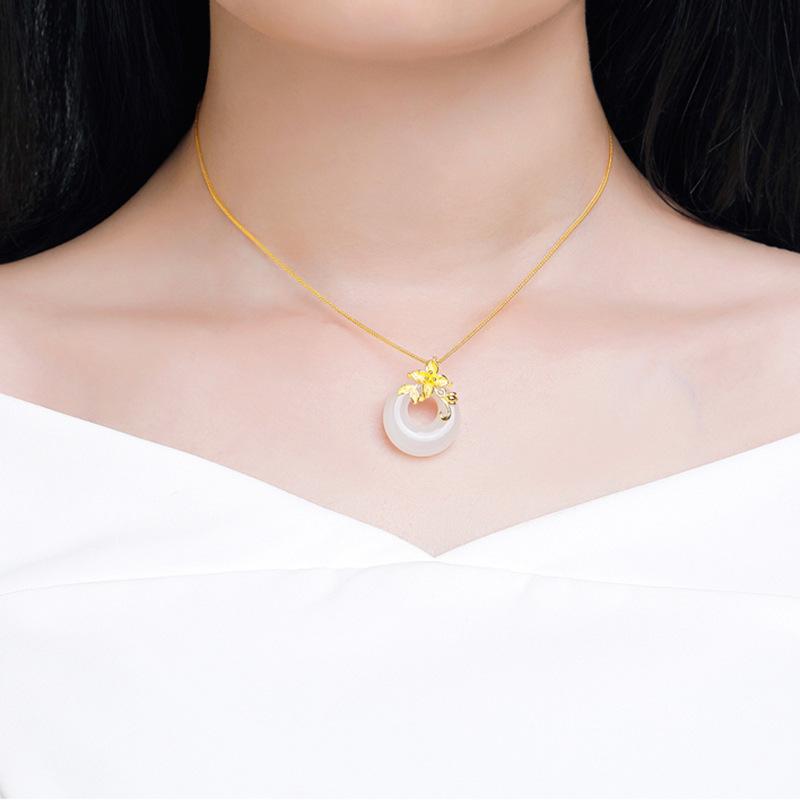 Flower Safety Buckle Necklace Women's Summer Simple Pendant Design Sense Niche Flower Branches Hetian Jade Collarbone Chain