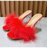 Women Clear Heels Sandals Fluffy Slippers Furry Slides for Women