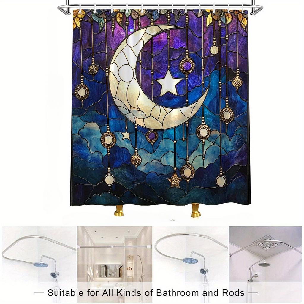Мечтательная Звездная Ночь Луна и Звезды Витражный Стиль Водонепроницаемая Шторка для Душа для Декора Ванной Комнаты, Дизайн в Стиле Модерн