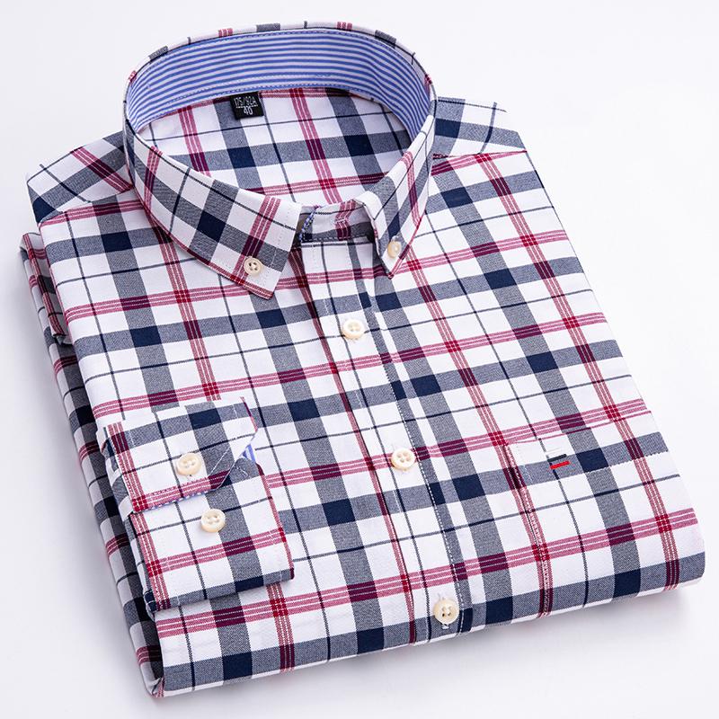100% Cotton Men's Oxford Shirts Long Sleeve Casual Plaid Soft Regular Fit Formal Dress Shirt Social Blouse Male Clothes 7XL 6XL