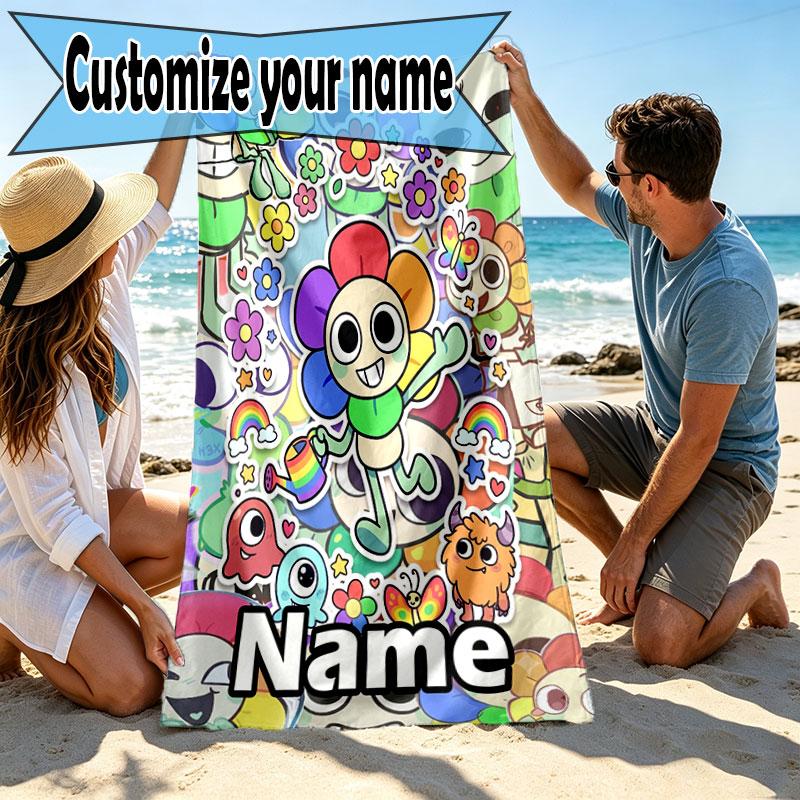 Custom Name Personalized Dandy's World Print Beach Towel, for Trip Camping Beach Party Home Decor, Birthday Gift for Family & Friends