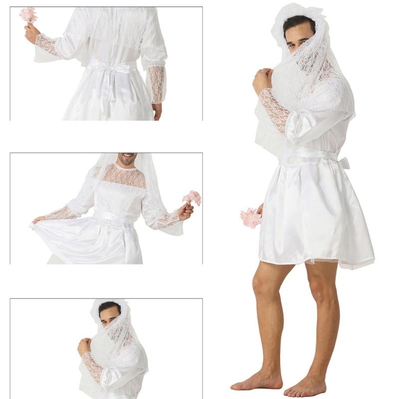 Mens Bride Drag Queens Groom Costume Funny Comedy Costume Outfits Bridal Veil White Wedding Dress with Belt for Man
