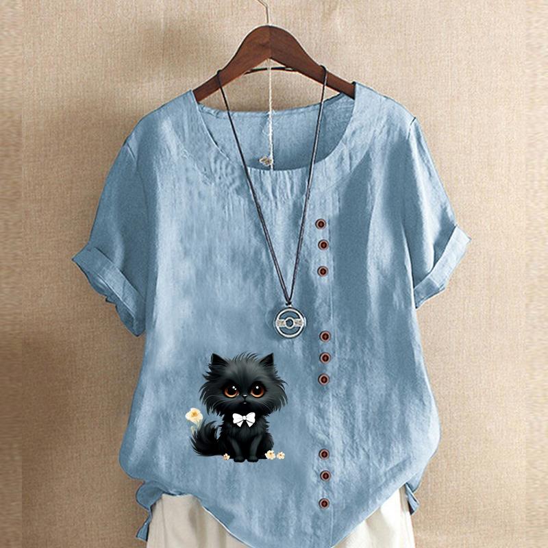 Women's Fashion Cat Prined Short Sleeve T-shirt Loose Cotton Shirt Casual Loose Summer Blouse Tops Plus Size