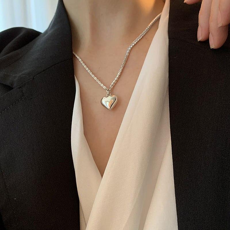 925 Sterling Silver Geometric Love Heart Zircon Chain Necklace Female Party Jewelry