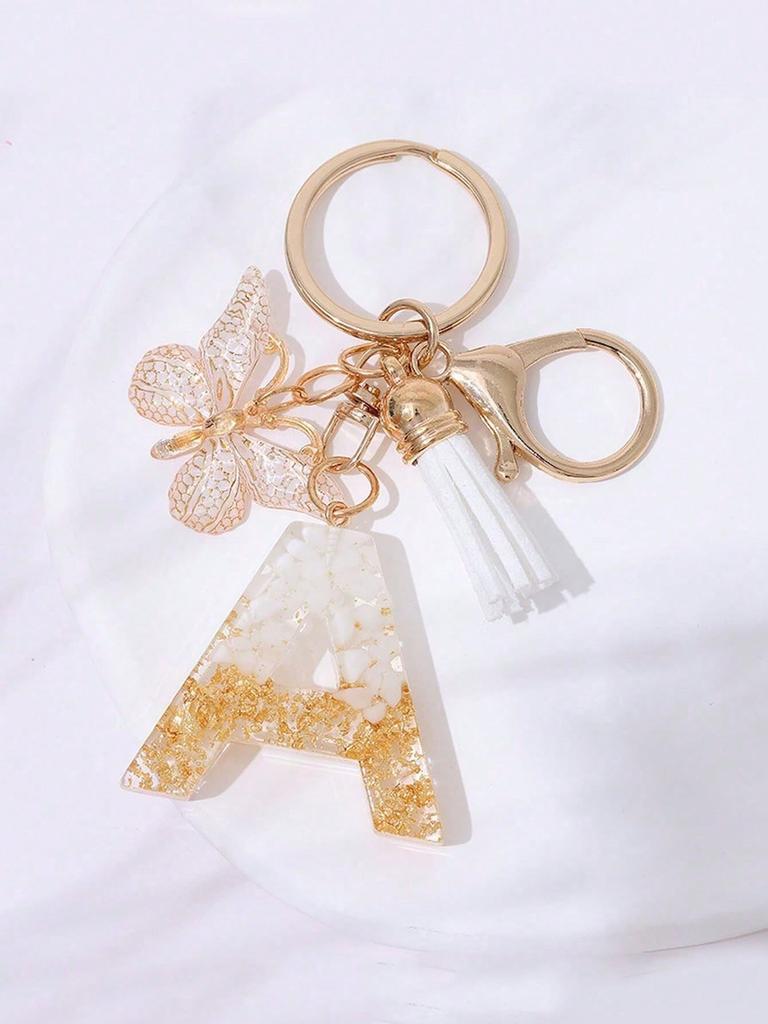 Cute Initial Letter Keyrings White Keychen, Capital Alphabet Gold Foil Resin Keychain Charm with Butterfly Tassel Pendant, Thanksgiving