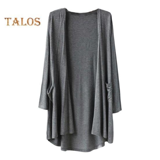 Весенне-осеннее женское пальто свободного кроя средней длины однотонного цвета с длинными рукавами, тонкое с карманами и открытой строчкой, повседневная одежда, кардиган для поездок на работу