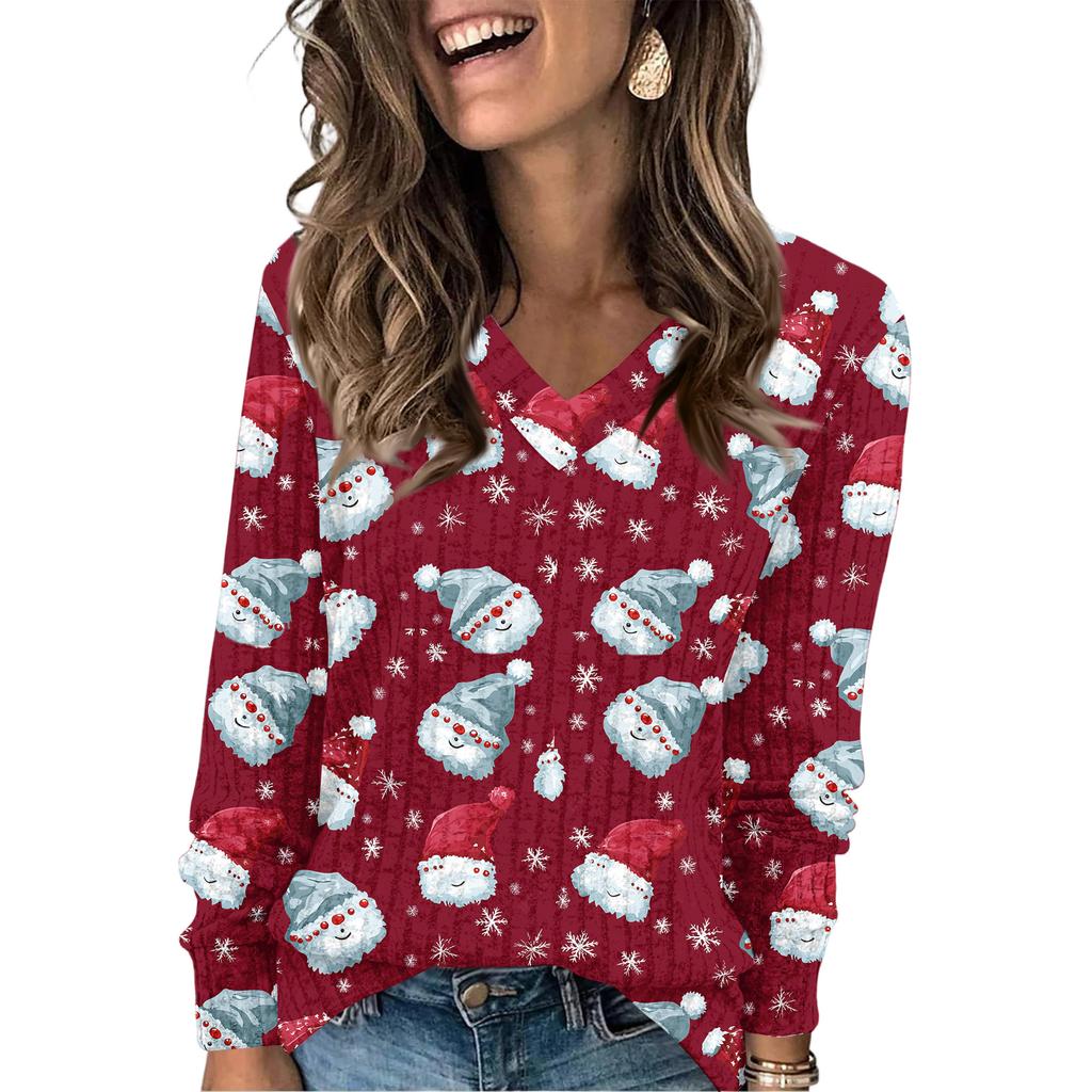 Women's Fashionable Loose-Fit V-Neck Long-Sleeved T-Shirt Christmas Print Pullover