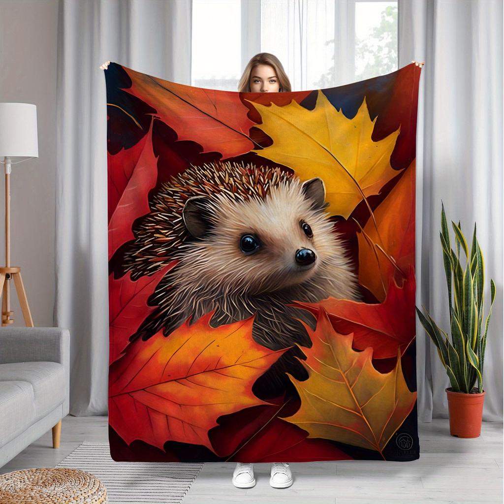 A Cozy And Warm Autumn Decoration Featuring a Hedgehog And Maple Leaves Flannel Blanket, Made of Soft Polyester with Digital Printing, Suita