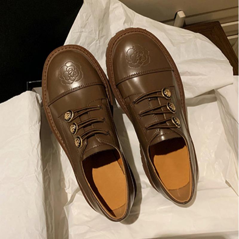 2024 New Women's Thick-soled British Style Round-toe Low-heeled Loafers Women's Lace-up Comfortable Low-top Shoes