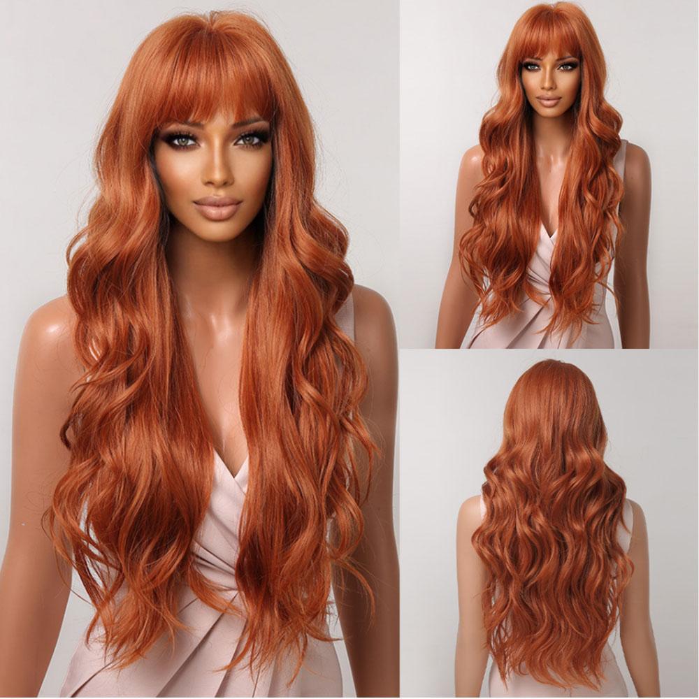HENRY MARGU Red Ginger Copper Yellow Synthetic Wig for Women Long Curly Wave Wigs with Bangs Cosplay Party Heat Resistant Hair
