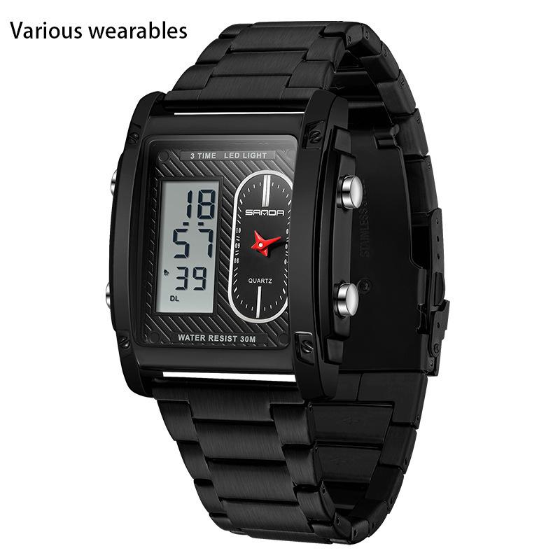 Новые трендовые часы с двойным дисплеем, мужские деловые водонепроницаемые электронные часы, легкие роскошные кварцевые часы со стальным ремешком